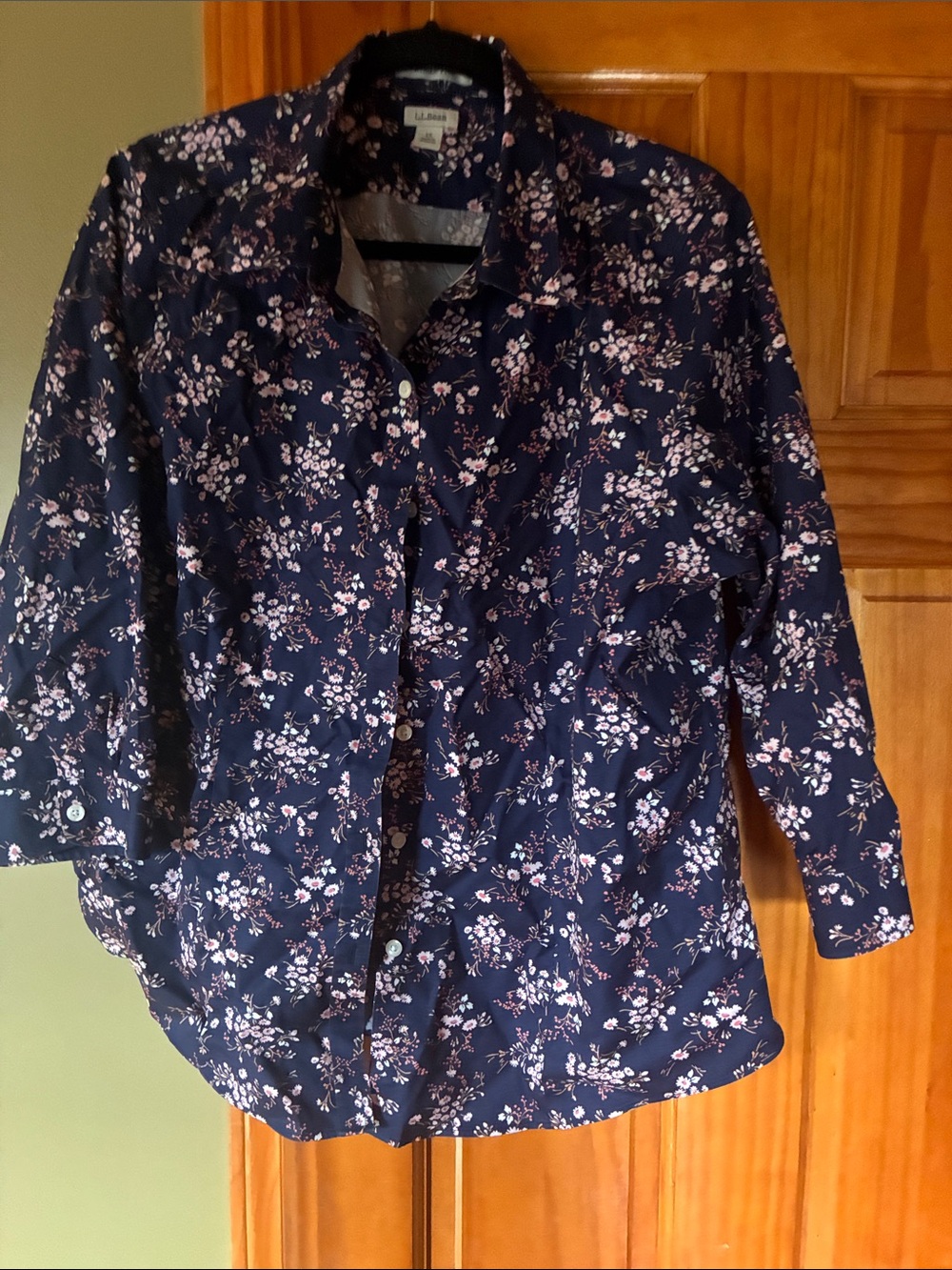 L.L. Bean Navy Blue Floral Button-Up Blouse